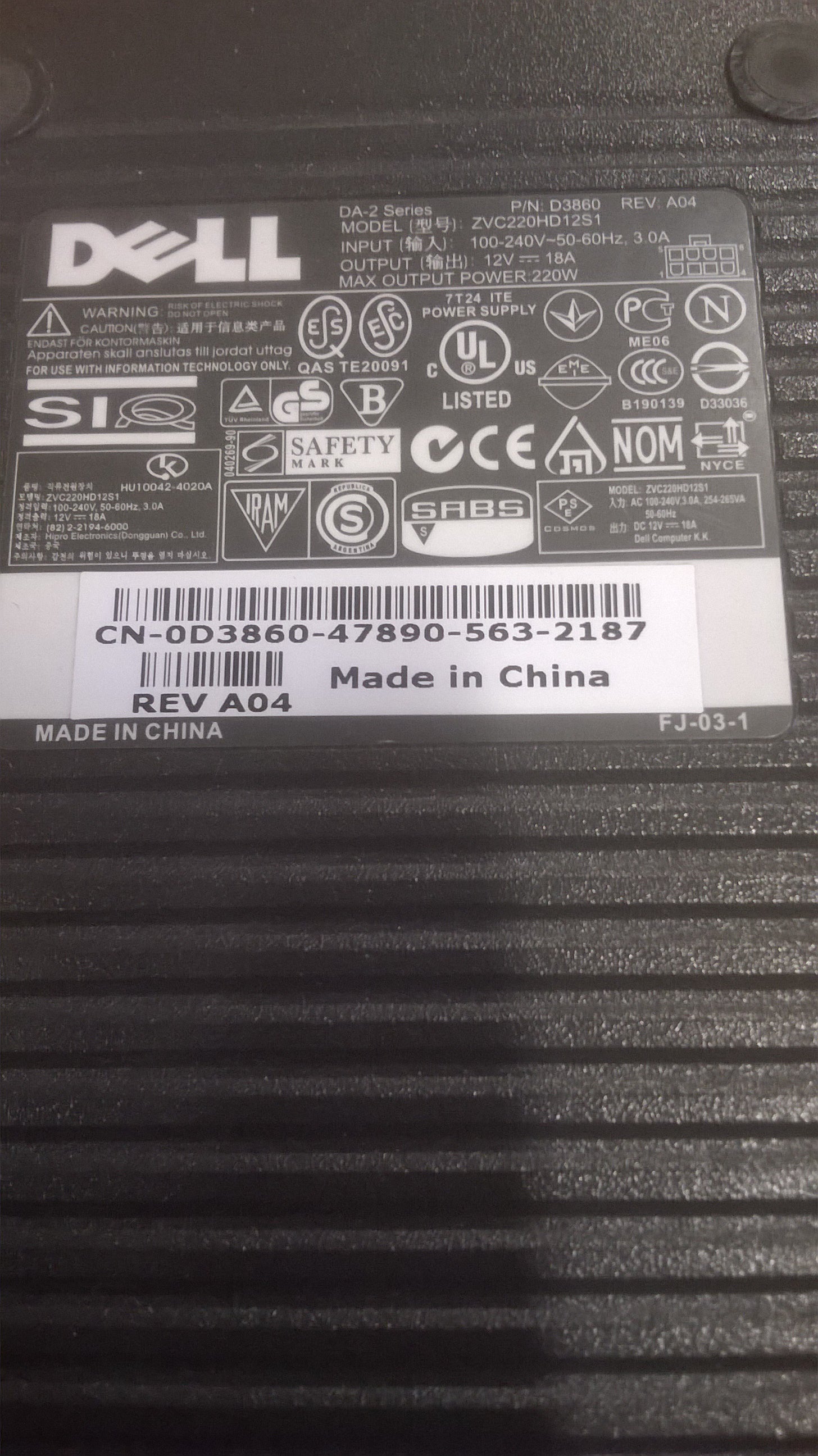 DELL AC DC ADAPTOR 9 (PN D3860 MN DVC220HD12S1 USED )