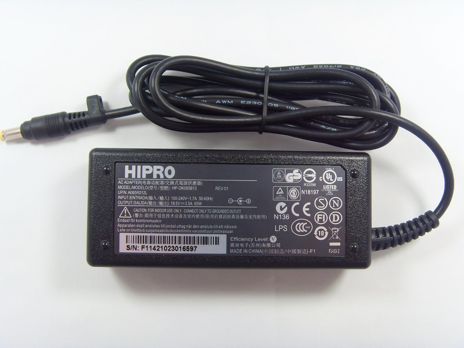 HIPRO HP AC/DC POWER SUPPLY,19V, 3.43A, 65w (OK065B13 USED)
