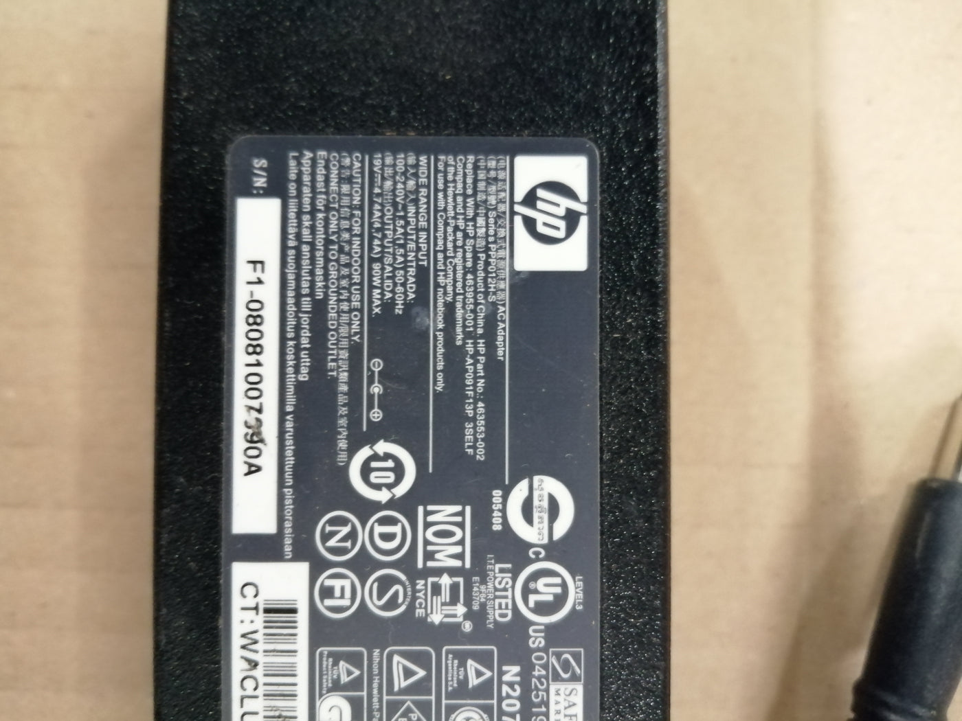 HP AC ADAPTER PPP012H-S IN 240V 1.5A OUT 19V 4.74A (463553-002 used )