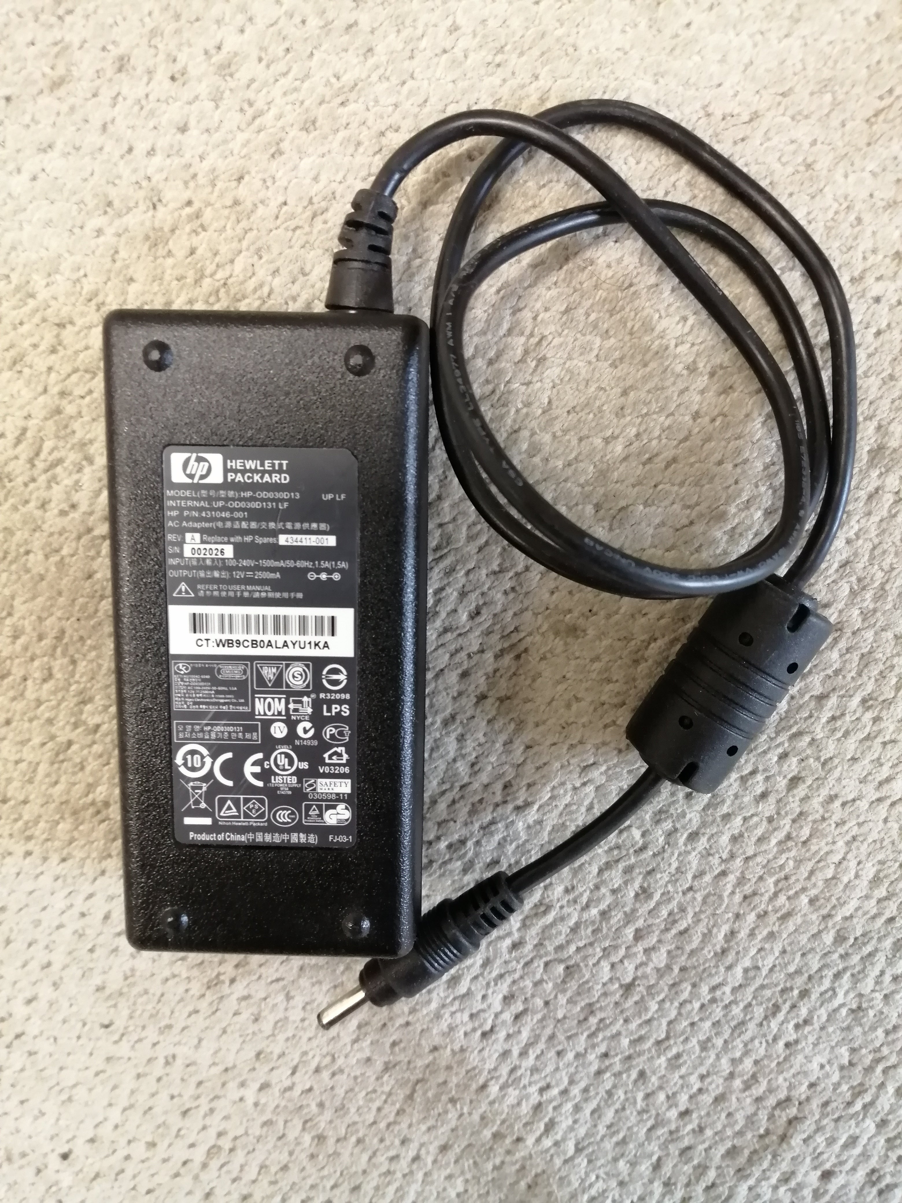 HP AC ADAPTER OD030D13 IN 240V 1.5A OUT 12V 2.5A (4310046-001USED )