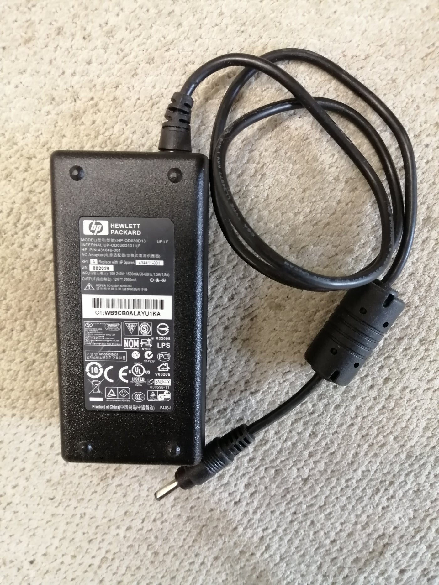 HP AC ADAPTER OD030D13 IN 240V 1.5A OUT 12V 2.5A (4310046-001USED )