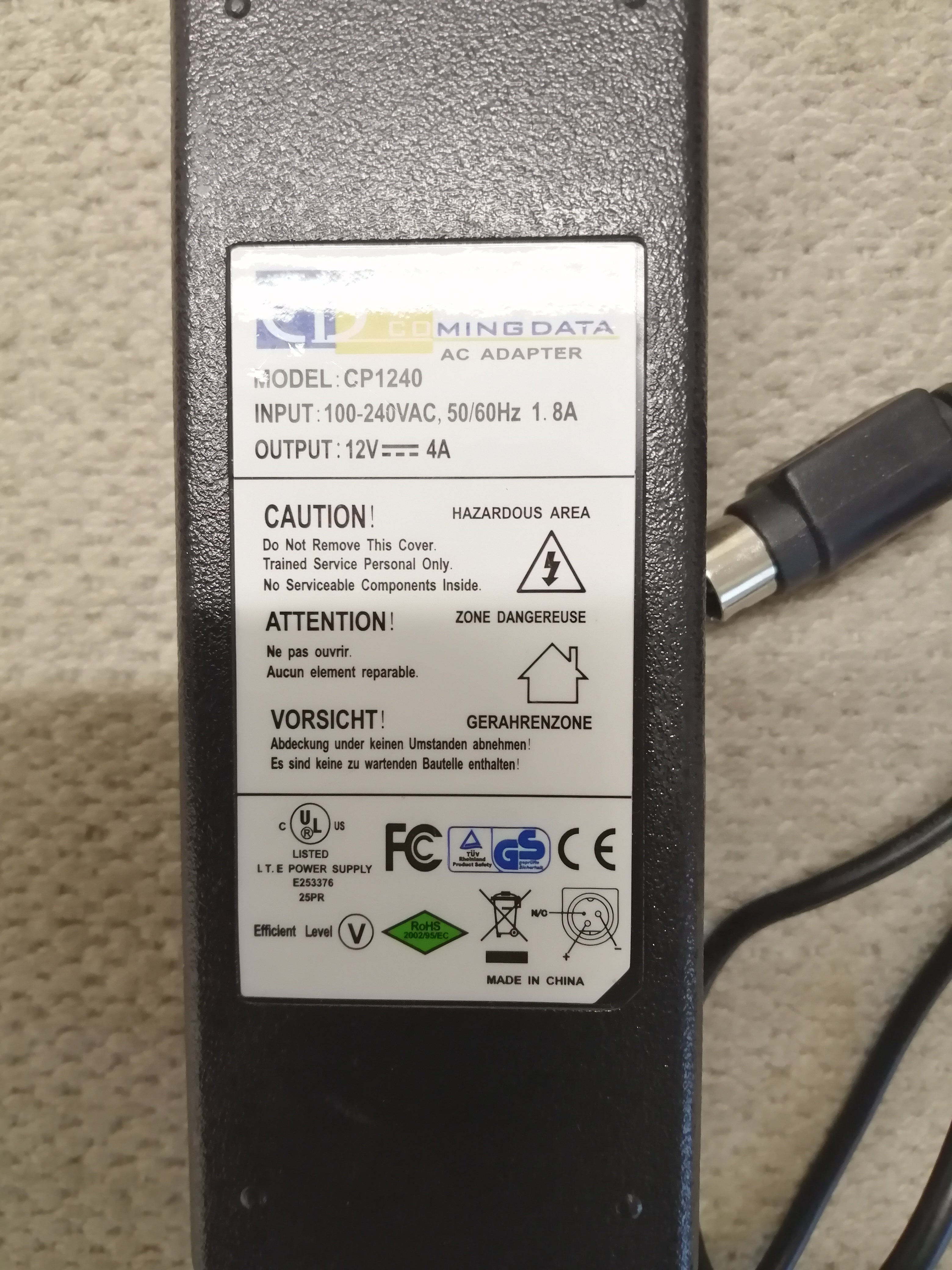 COMING DATA  AC POWER SUPPLY CP1240 240V 1.8A OUT 12V 4A  3 PIN (CP1240 USED )