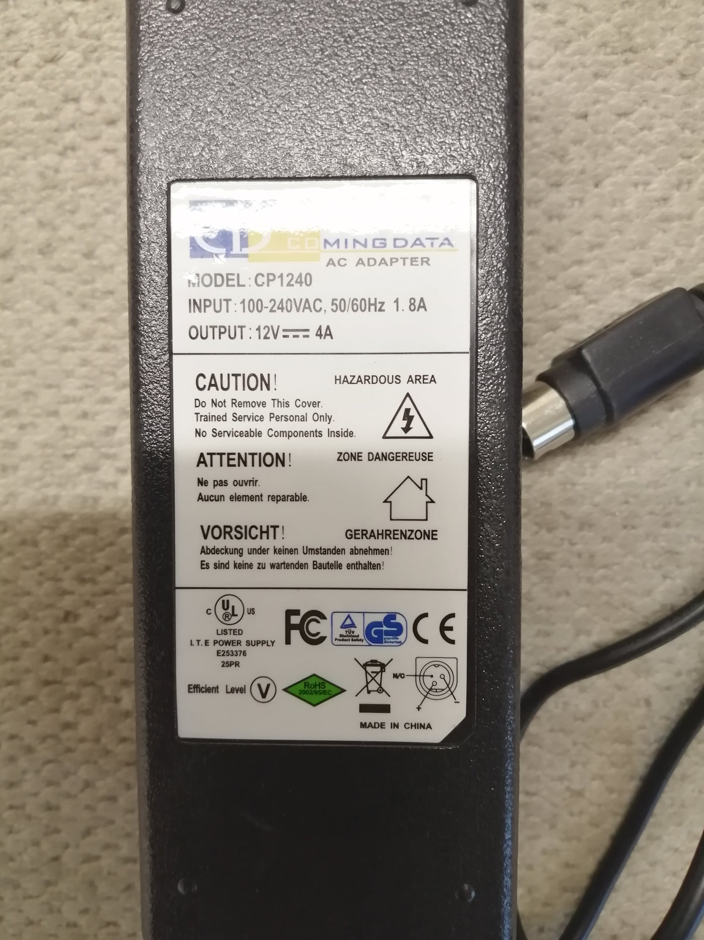 COMING DATA  AC POWER SUPPLY CP1240 240V 1.8A OUT 12V 4A  3 PIN (CP1240 USED )