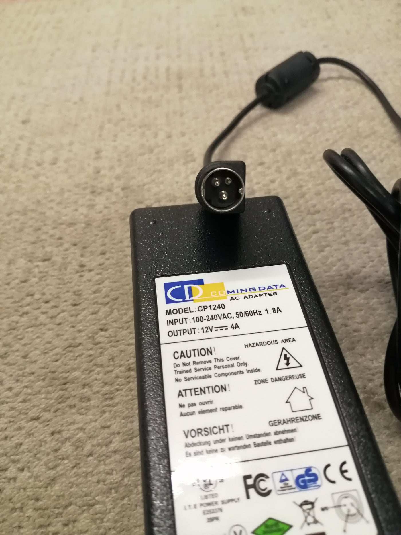 COMING DATA  AC POWER SUPPLY CP1240 240V 1.8A OUT 12V 4A  3 PIN (CP1240 USED )