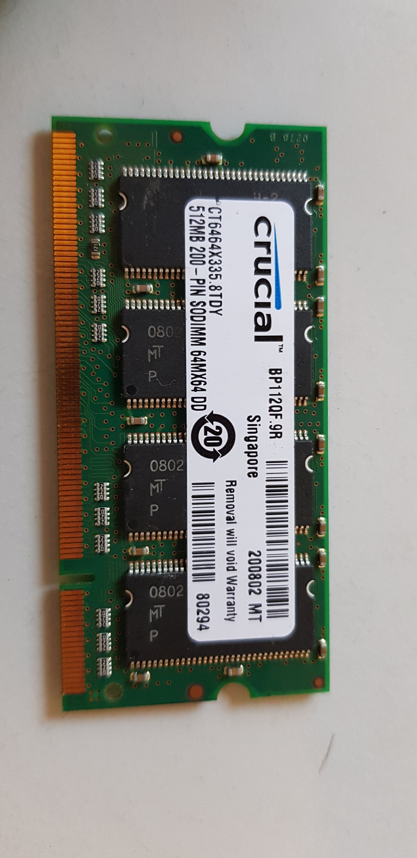 Micron / Crucial 512MB PC2700S nonECC CL2.5 DDR SODIMM Memory Module (MT8VDDT6464HY-335D1 / CT6464X335.8TDY)
