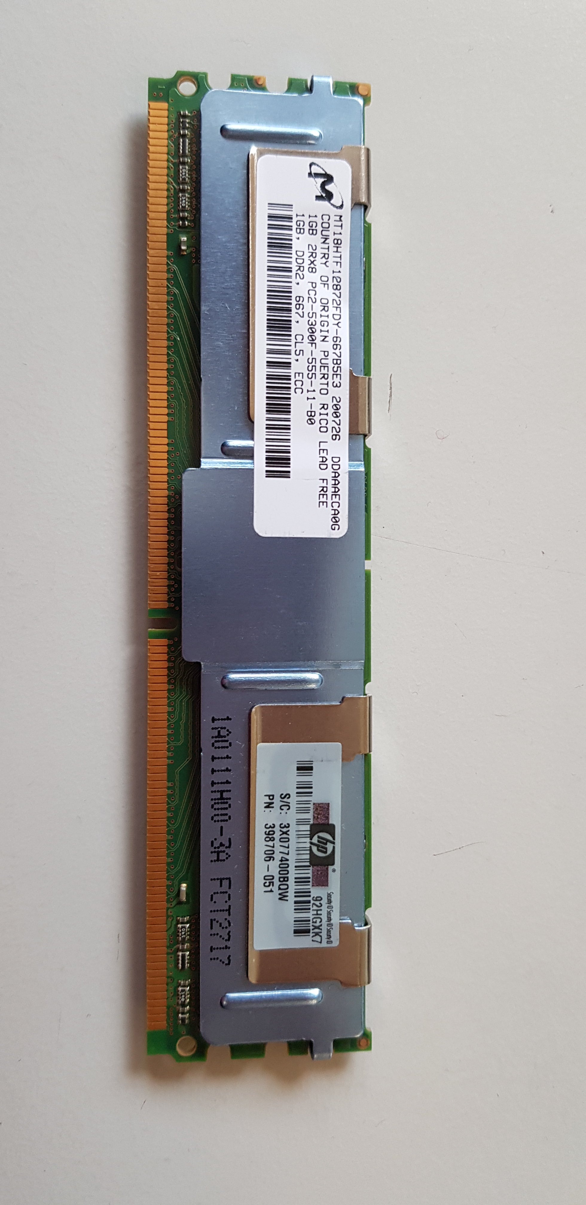 Micron / HP 1Gb 240p PC2-5300 CL5 18c 64x8 Fully Buffered ECC DDR2-667 2Rx8 FBDIMM Memory Module ( MT18HTF12872FDY-667B5E3 / 398706-051)