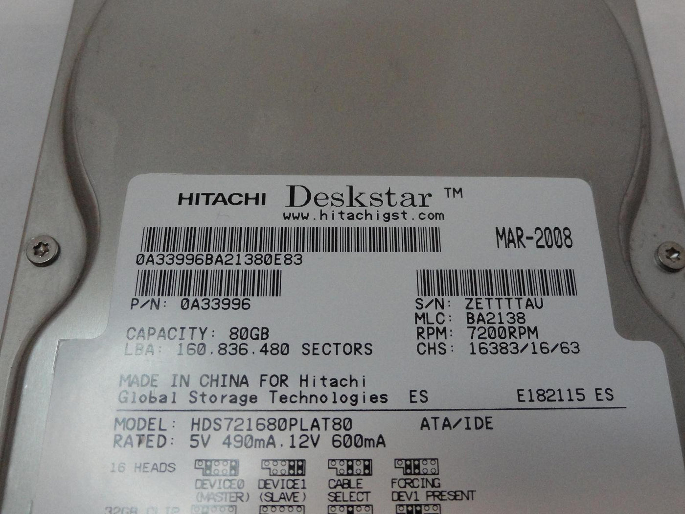 PR00219_0A33996_Hitachi 80GB IDE 7200rpm 3.5in HDD - Image3