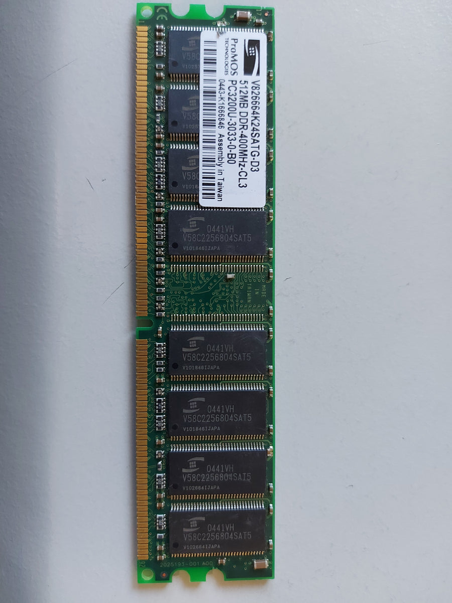 ProMOS 512MB DDR 400MHz CL3 PC3200 nonECC UDIMM Memory Module V826664K24SATG-D3