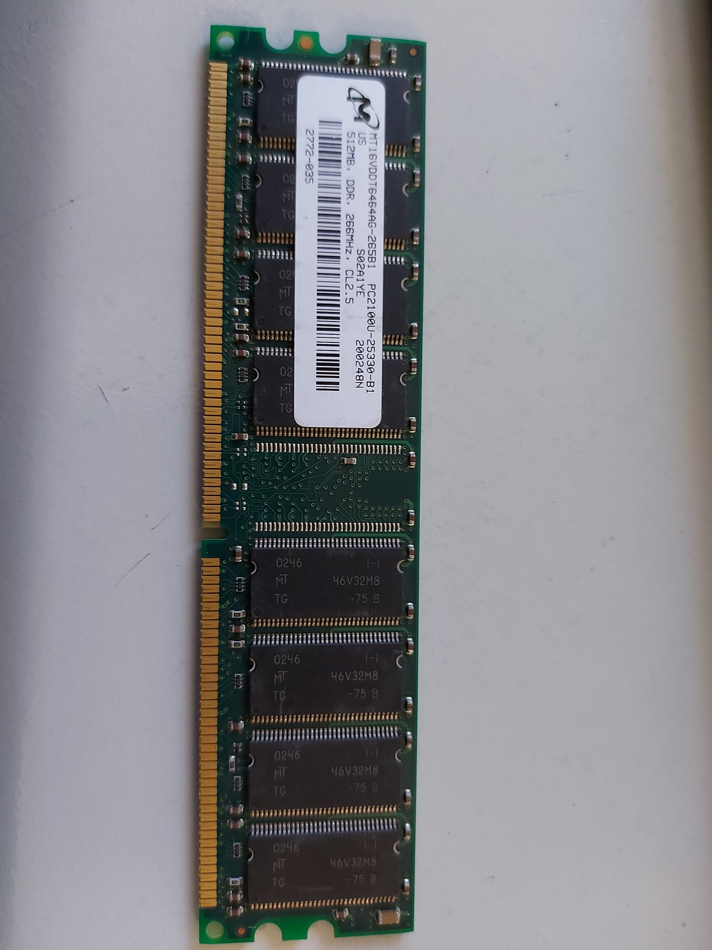 Micron 512MB PC2100 DDR nonECC Unbuffered CL2.5 184P DIMM MT16VDDT6464AG-265B1