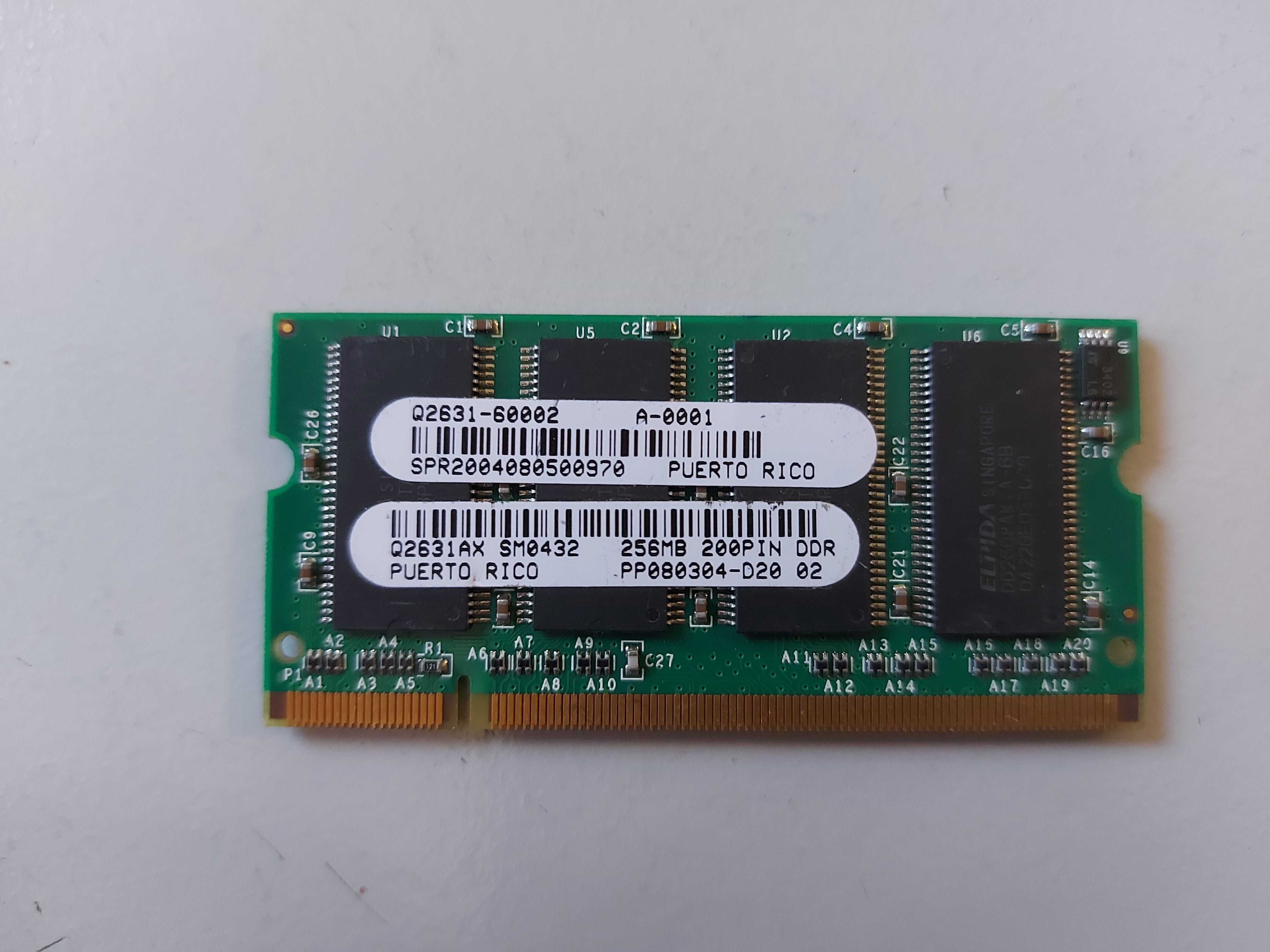 HP 256MB PC2100 DDR non-ECC Unbuffered CL2 200-Pin SoDimm Q2631-60002 Q2631AX