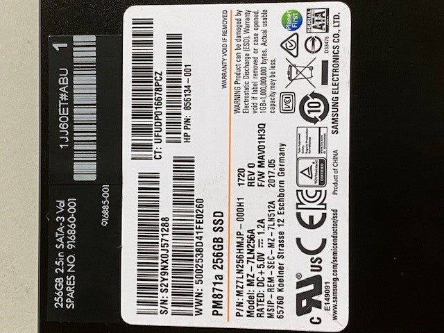 HP SAMSUNG MZ-7LN256A PM871a 2.5" 6GBPS 256GB SSD 856134-001  916860-001 MZ7LN25