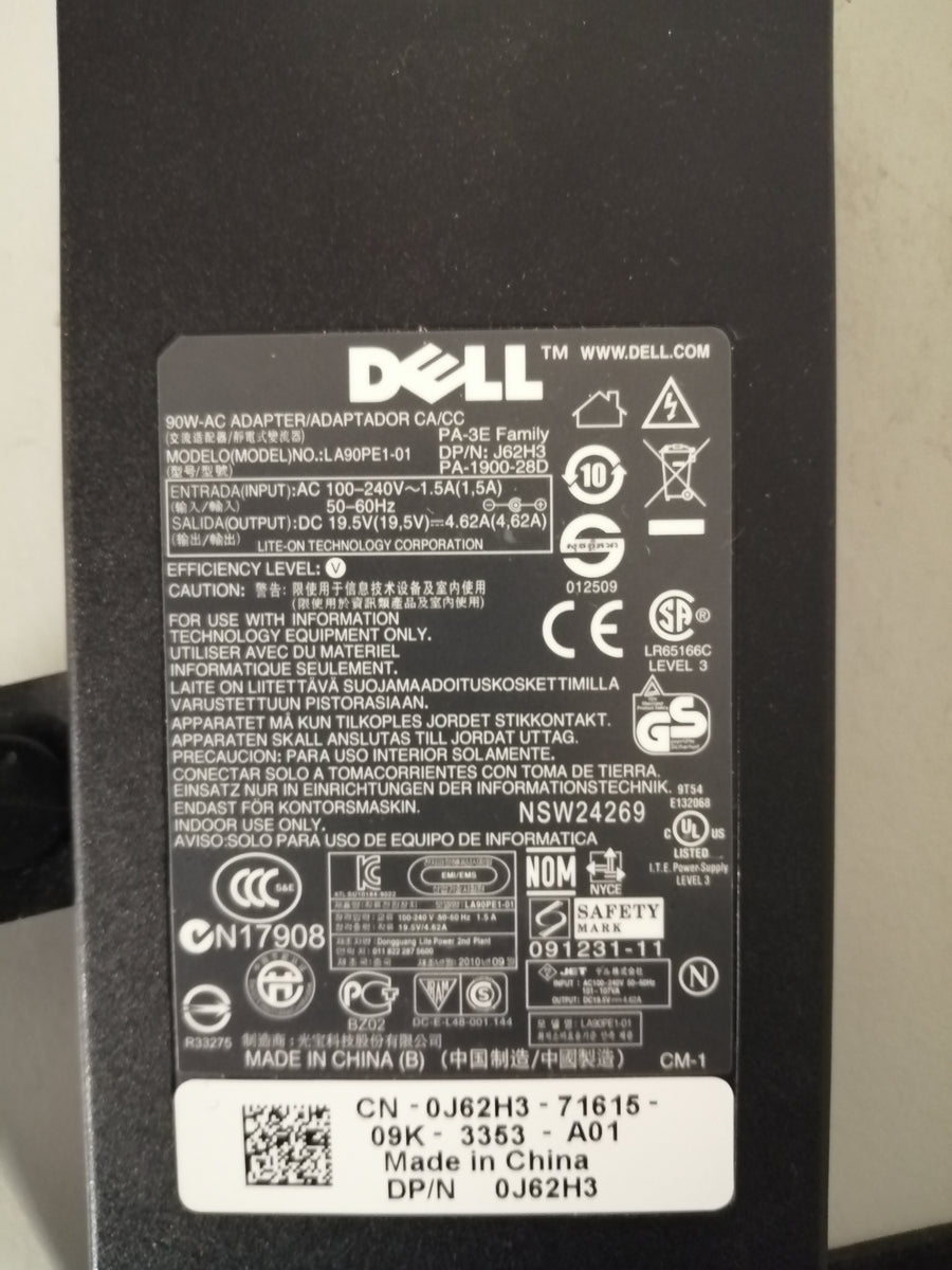 Dell 90W AC Power Adapter LA90PE1-01 IN 240 V OUT 19.5 V (J62H3 USED )