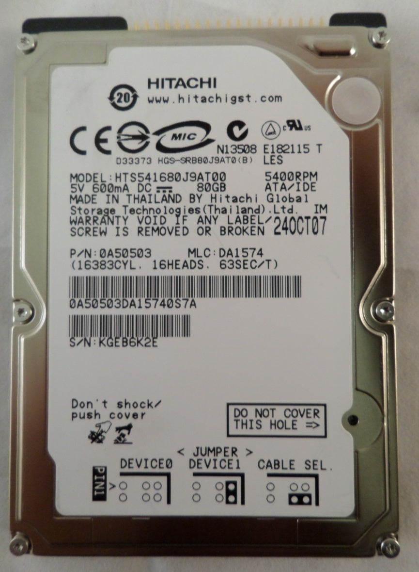 MC6377_0A50503_Hitachi 80GB IDE 5400rpm 2.5in HDD - Image2