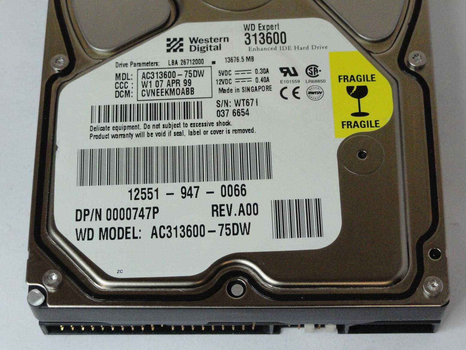 AC313600-75DW - Western Digital 13.6Gb IDE 7200rpm 3.5in HDD - Refurbished