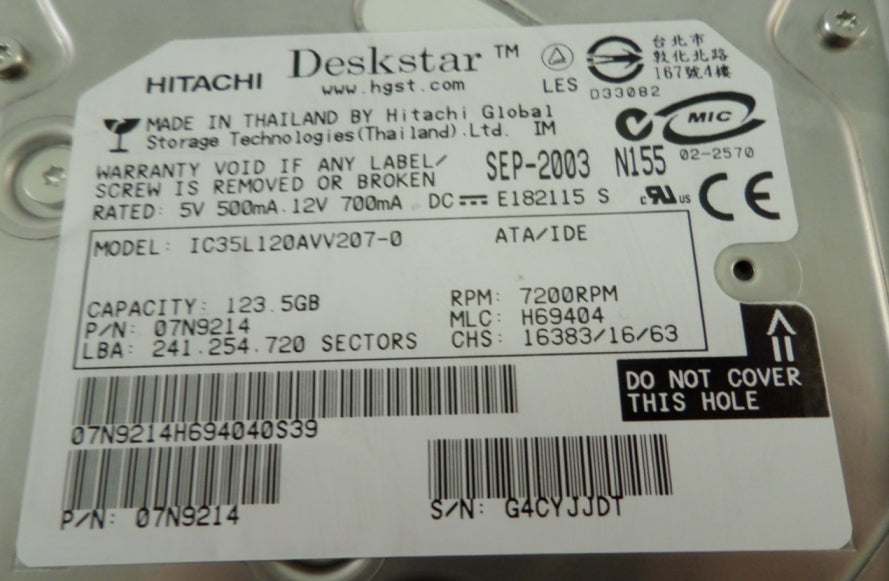 PR12201_07N9214_Hitachi 120GB IDE 7200rpm 3.5in HDD - Image2