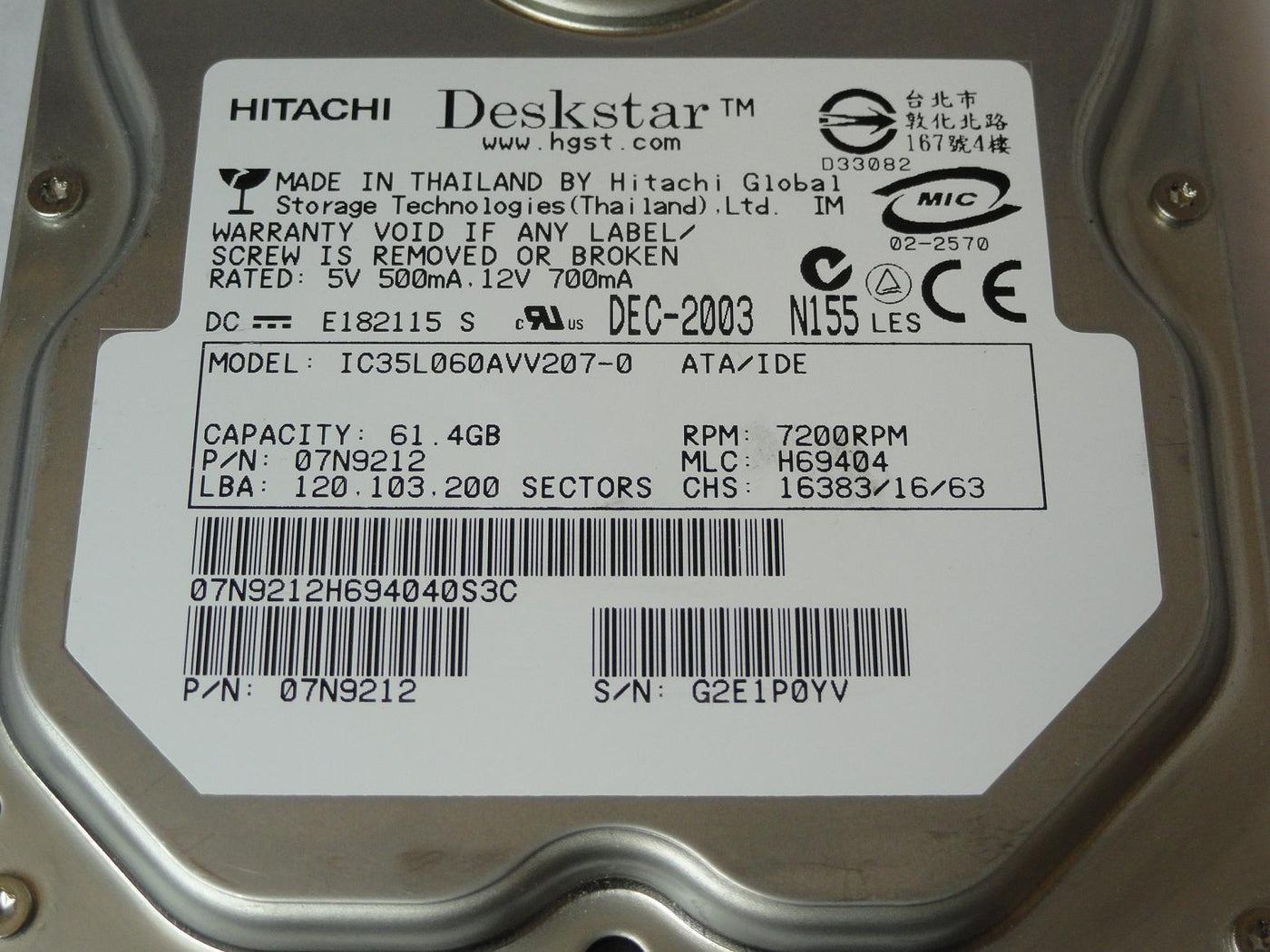PR11449_07N9212_Hitachi 61.4GB IDE 7200rpm 3.5in HDD - Image3