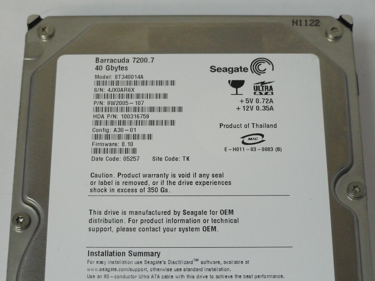 PR25157_9W2005-107_Seagate 40GB IDE 7200rpm 3.5in HDD - Image3