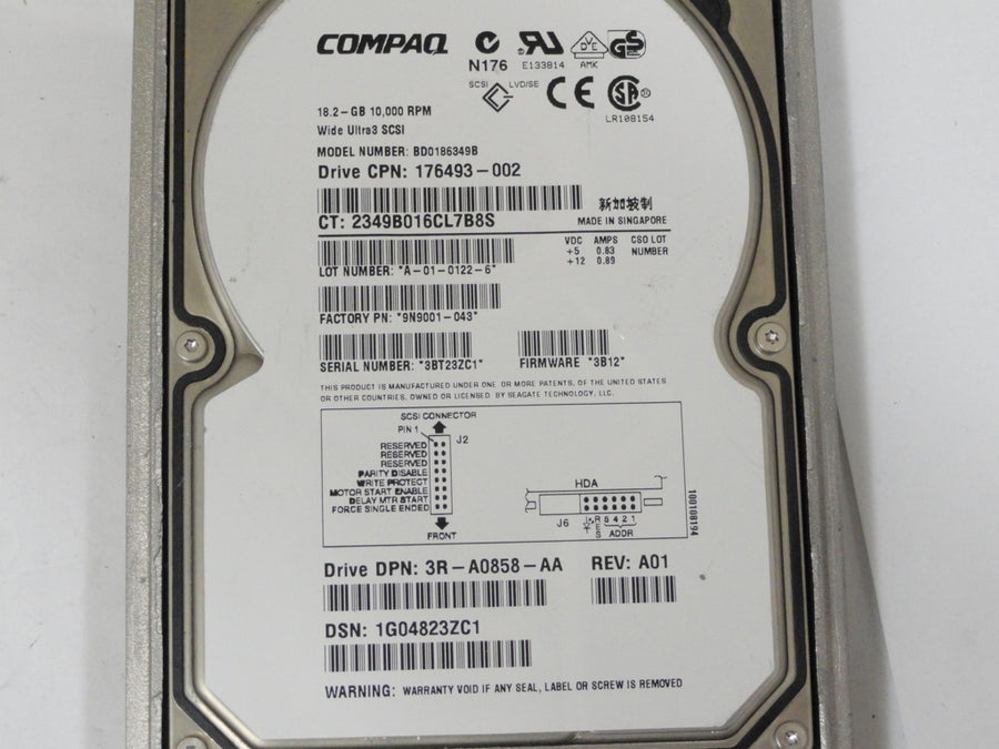 176493-002 - Compaq / Dell 18.2Gb Wide Ultra3 SCSI 3.5" HDD With Caddy - Refurbished