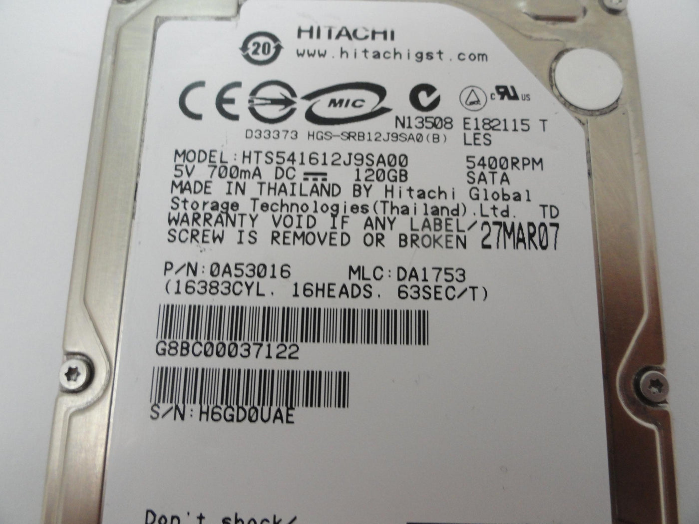0A53016 - Hitachi 120Gb SATA 5400rpm 2.5in HDD - Refurbished