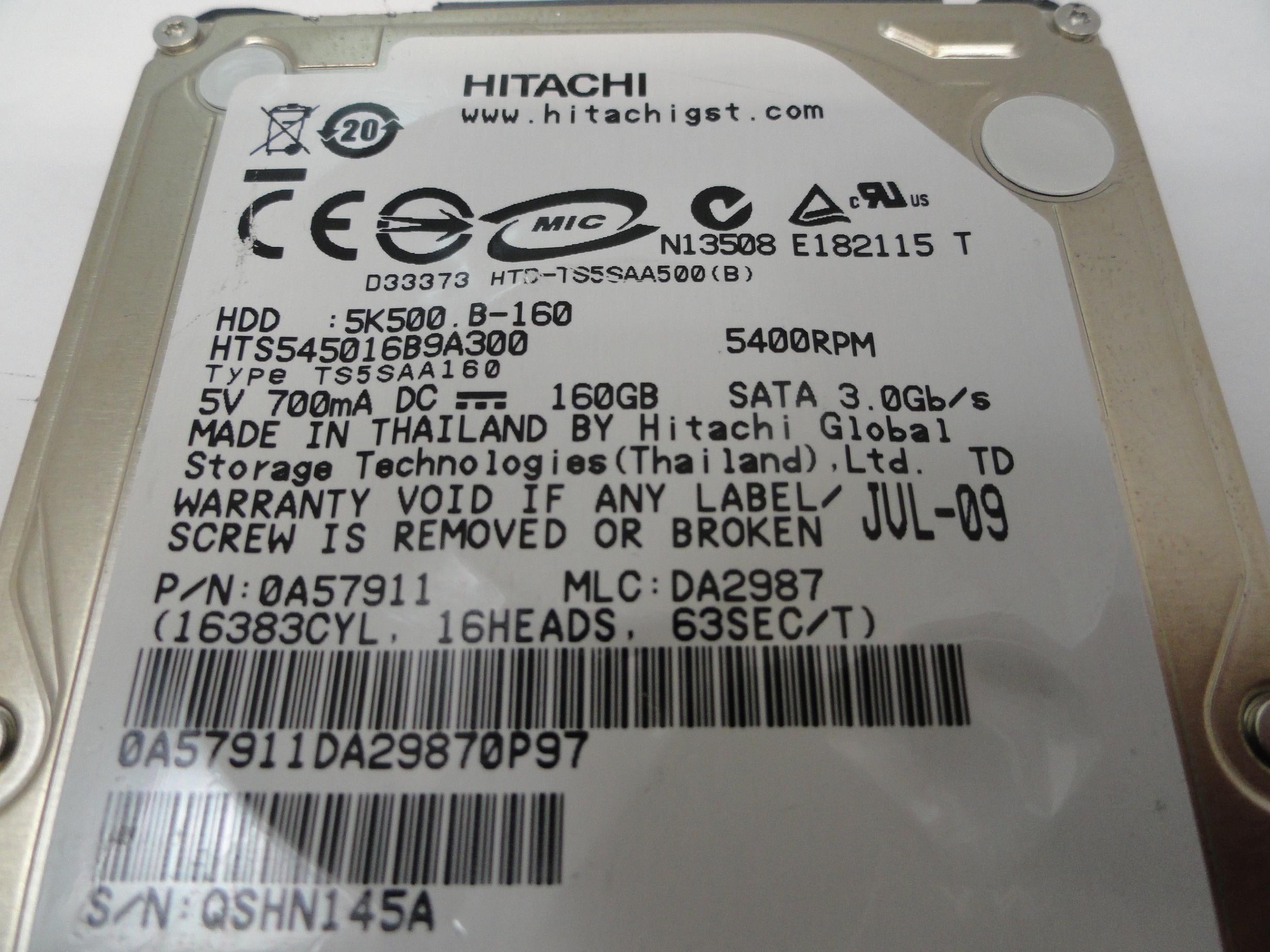 0A57911 - Hitachi 160GB SATA 5400rpm 2.5in HDD - USED