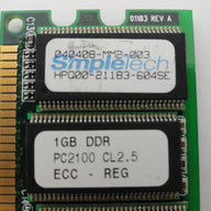 HPQ00-21183-604SE - Simple Tech Compaq 1Gb DDR PC2100 CL2.5 ECC Reg 184 Pin RAM - Refurbished