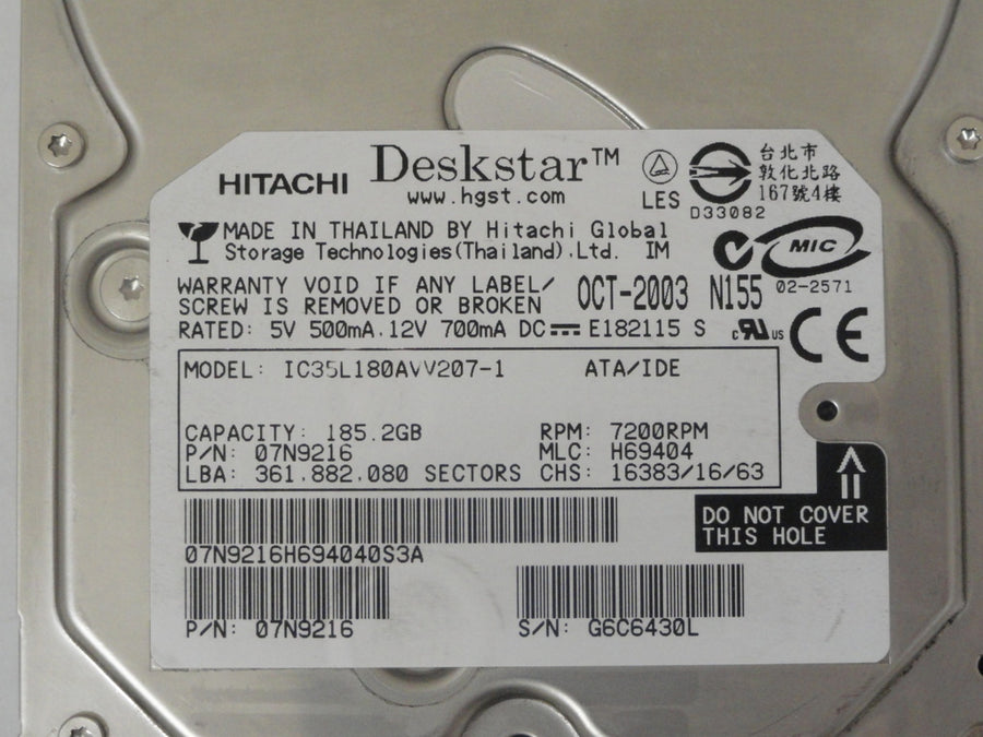 07N9216 - Hitachi 185GB IDE 7200rpm 3.5in Deskstar HDD - Refurbished