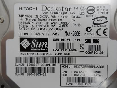 0A32935 - Hitachi Sun 80Gb SATA 7200rpm 3.5in HDD - USED
