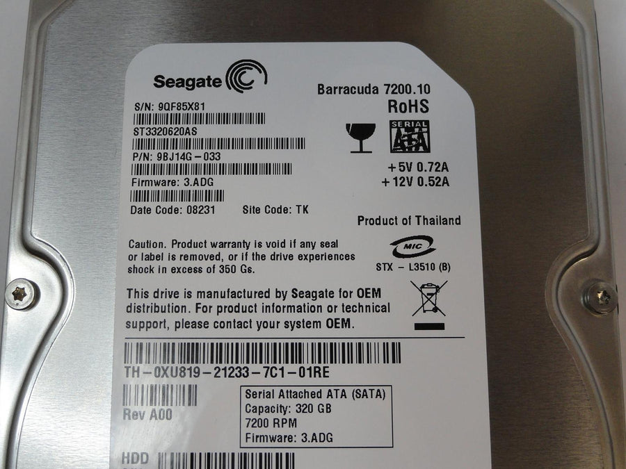Seagate Dell 320GB SATA 7200rpm 3.5in HDD ( 9BJ14G-033 ST3320620AS 0XU819 ) ASIS