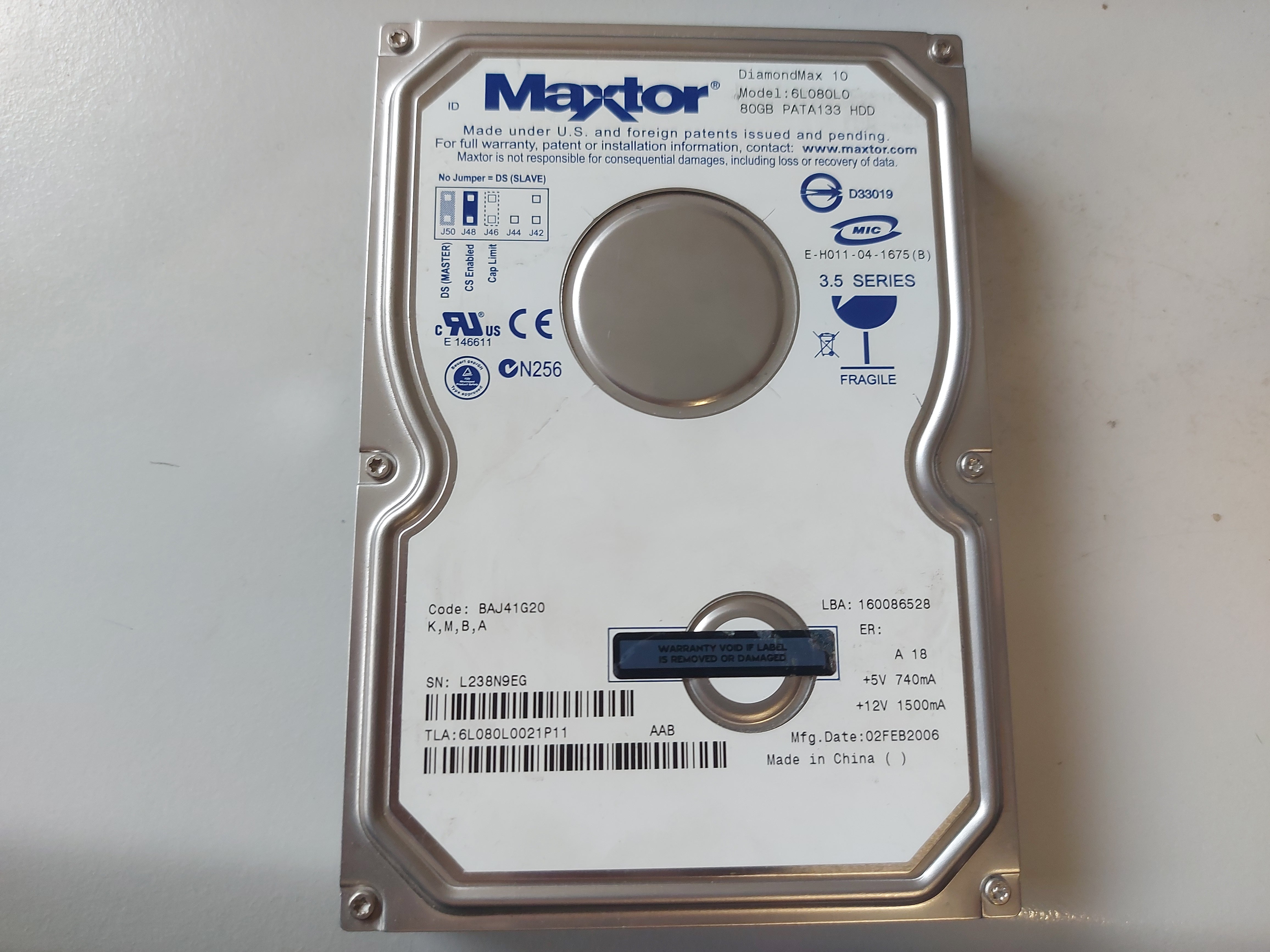 Maxtor DiamondMax 10 80GB IDE 7200RPM 3.5" Hard Drive ( 6L080L0 6L080L0021P11 ) REF 