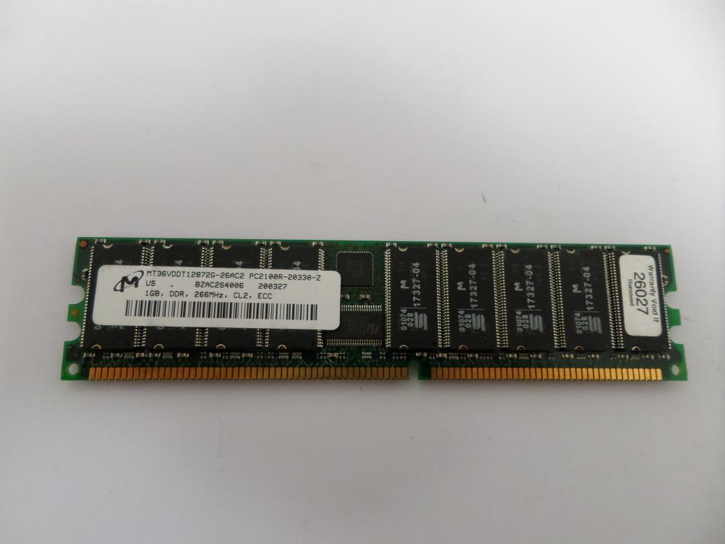 MT36VDDT12872G-26AC2 - Micron 1GB PC2100 DDR-266MHz ECC Registered CL2.5 184-Pin DIMM Dual Rank Memory Module Mfr P/N MT36VDDT12872G-26AC2 - Refurbished