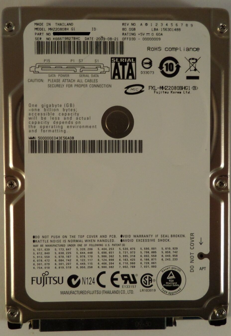 Fujitsu 80GB SATA 5400rpm 2.5in HDD ( CA07018-B048 MHZ2080BH ) USED