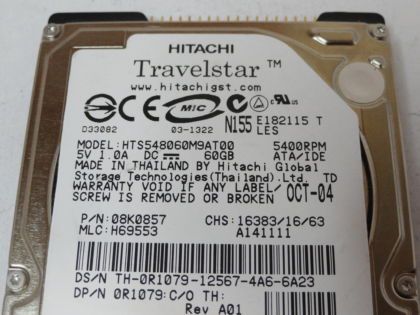 Hitachi Travelstar 60GB 5400rpm IDE 2.5in HDD ( 08K0857 HTS548060M9AT00 0R1079 ) REF