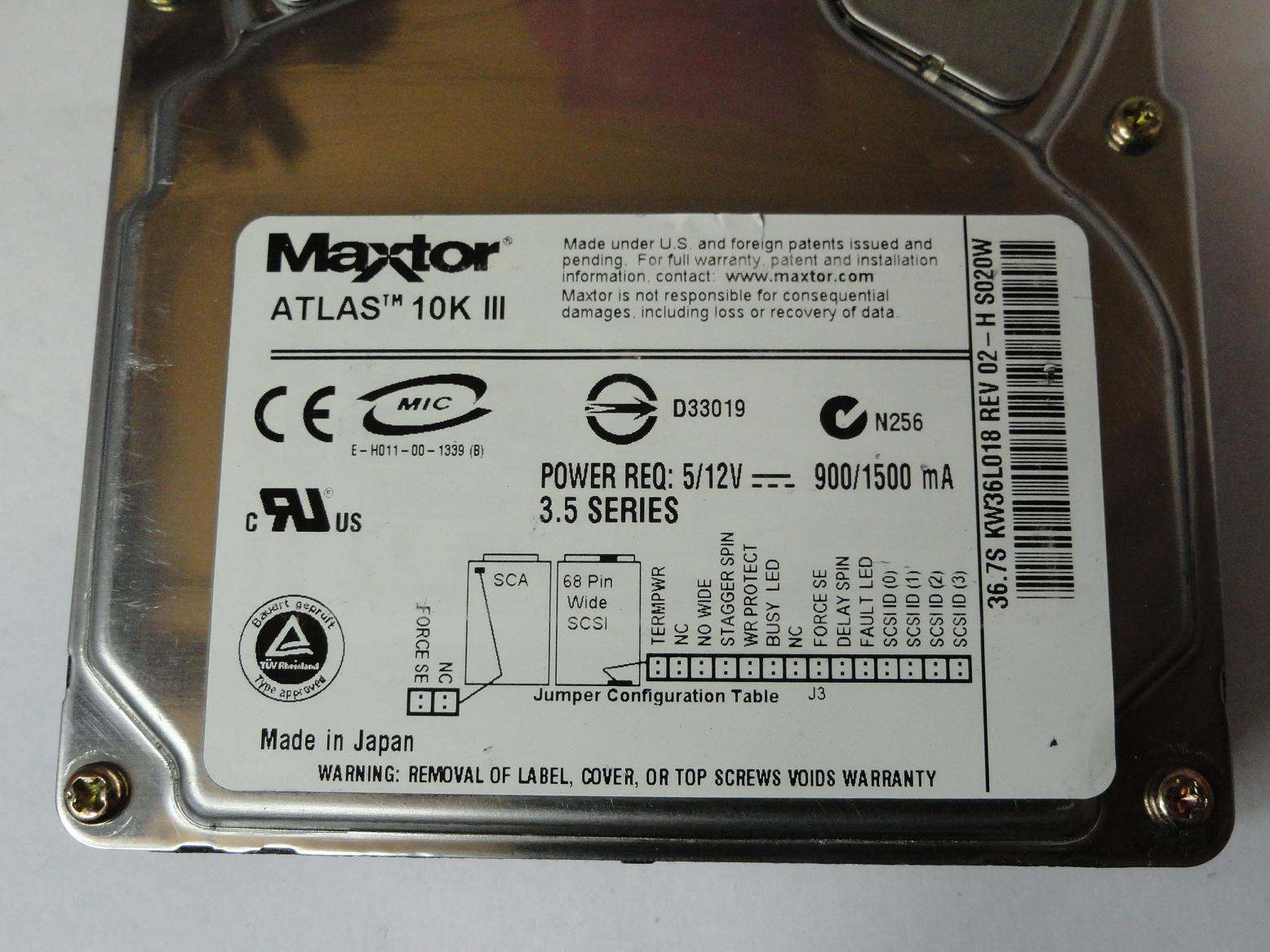 Maxtor 36GB SCSI 68 Pin 10Krpm 3.5in HDD ( KW36L018  ) USED
