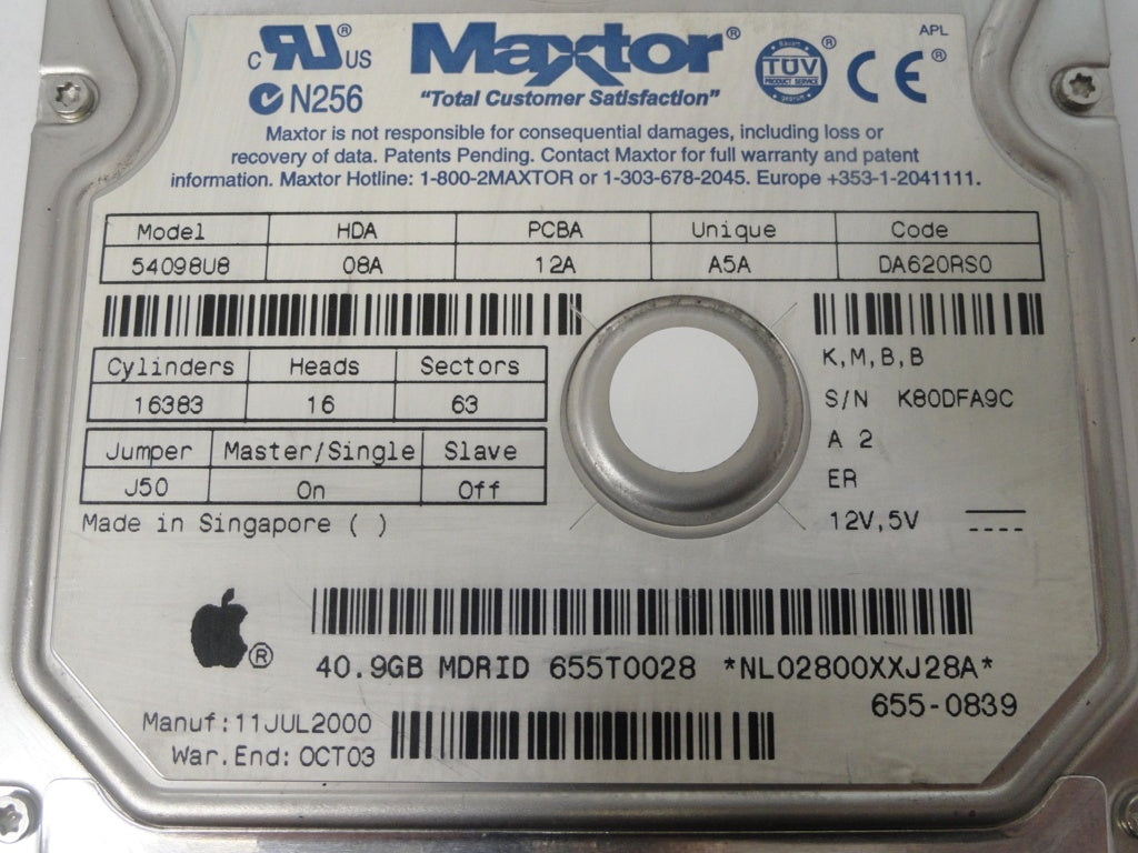 Maxtor Apple 40Gb IDE 7200rpm 3.5in HDD ( 54098U8 655T0028 655-0839 ) ASIS