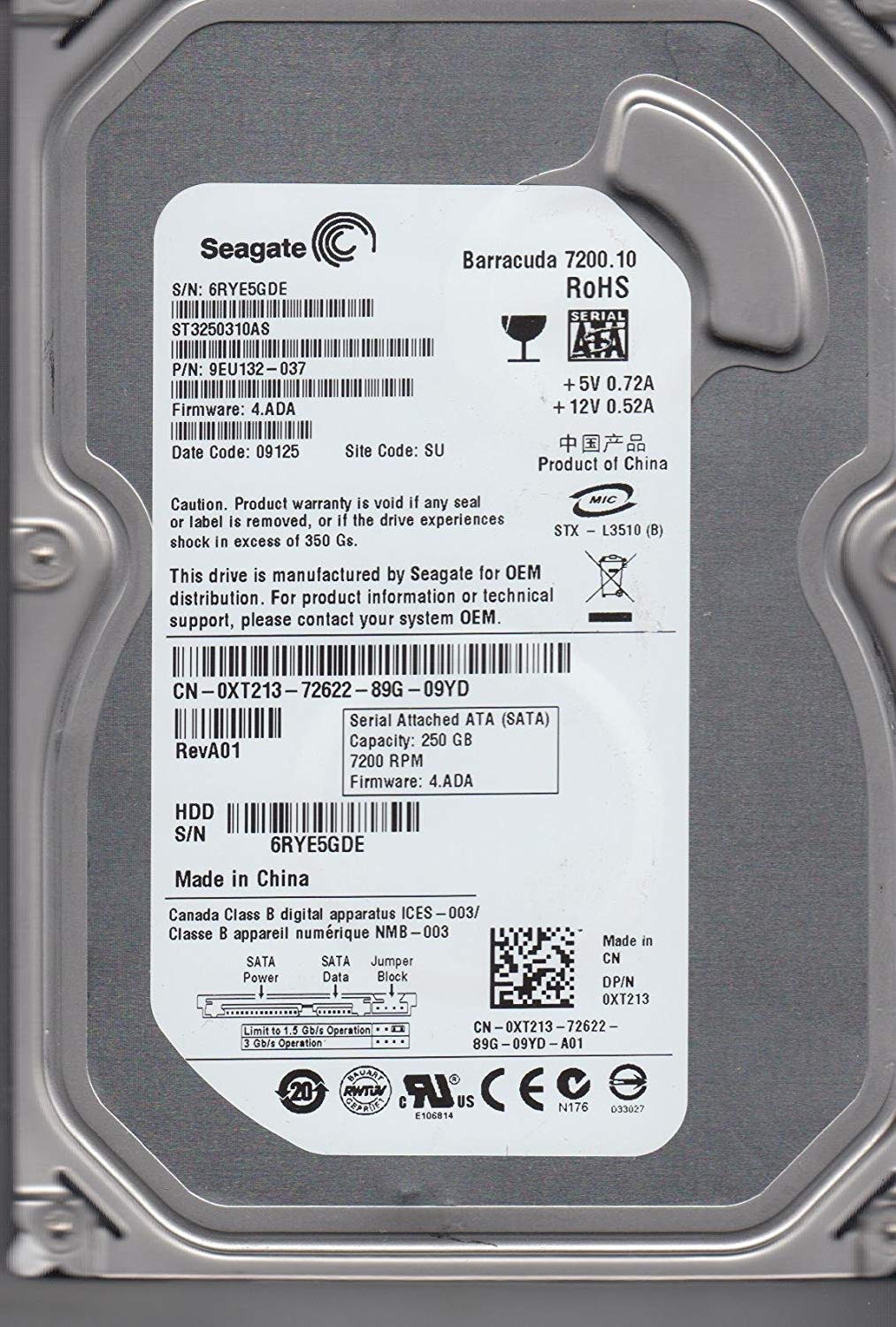Seagate Dell 250GB SATA 7200rpm 3.5in HDD ( 9EU132-037 ST3250310AS XT213 0XT213   Seagate Dell )