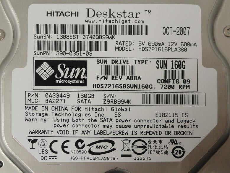 PR15621_0A33449_Hitachi / Sun 160GB SATA 3.5" Hard Drive In Caddy - Image5