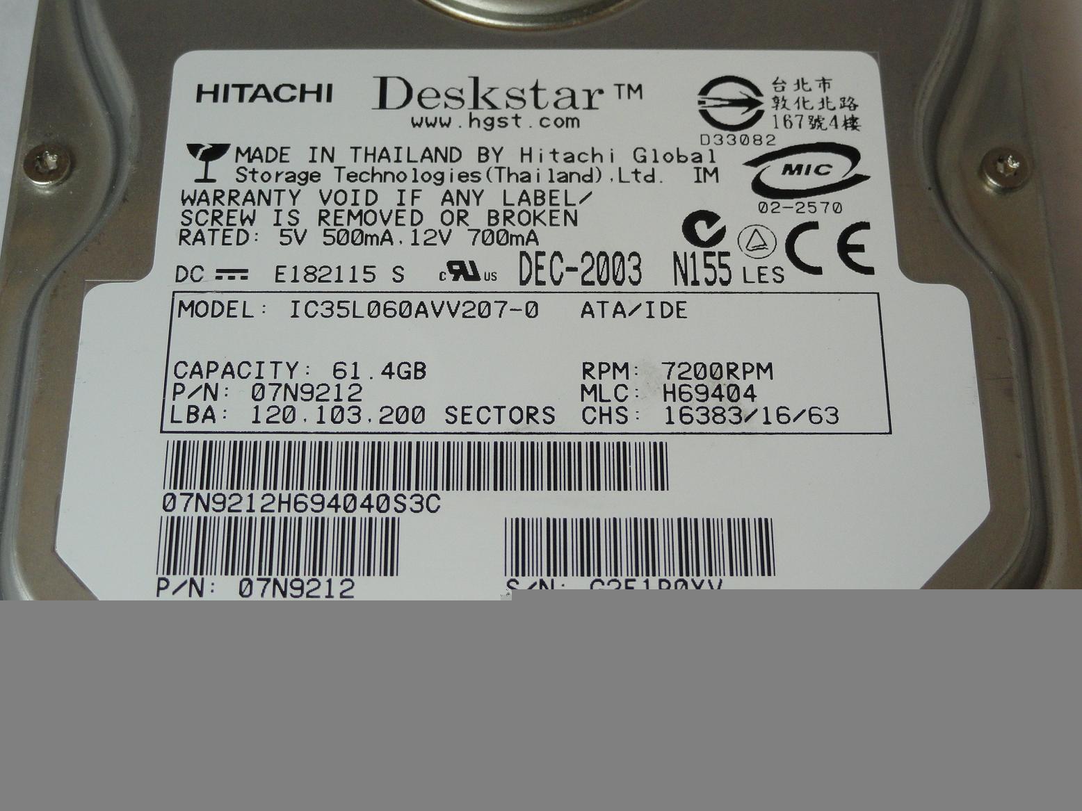 PR00326_07N9212_Hitachi 61.4GB IDE 7200rpm 3.5in HDD - Image3