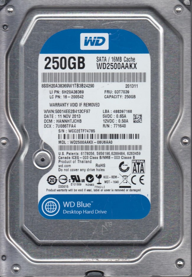 Western Digital Lenovo 250GB 7200RPM SATA 3.5in HDD ( WD2500AAKX-08U6AA0 03T7039 SH20A38369 16-200542 ) REF