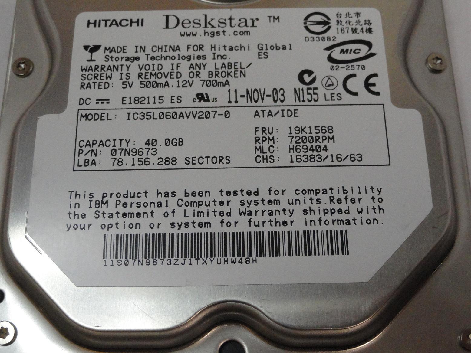 MC0134_07N9673_Hitachi IBM 40GB IDE 7200rpm 3.5in HDD - Image3
