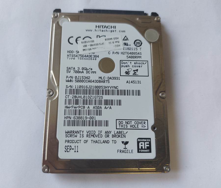 Hitachi HP 5K750 640GB 5400RPM SATA 2.5in HDD ( 0J15342 HTS547564A9E384 H2T640854S 638819-001 603785-001 ) USED