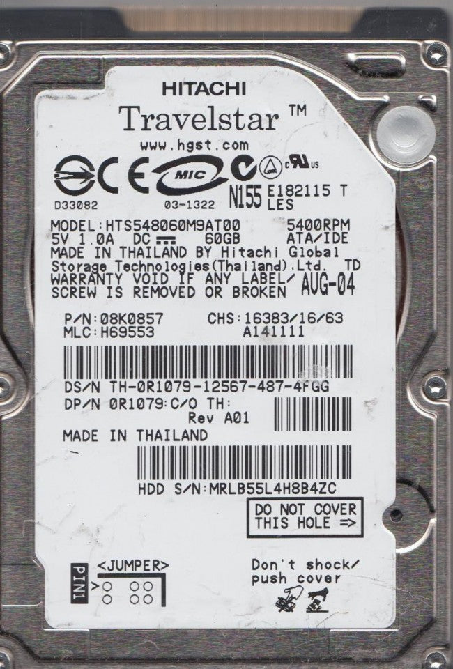 Hitachi Dell Travelstar 60Gb 2.5" IDE 5400RPM Internal HDD ( 0R1079 HTS548060M9AT00 08K0857 ) USED