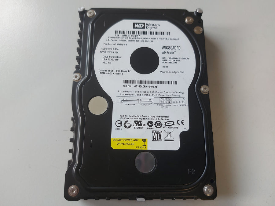 Western Digital Raptor 36GB 10KRPM SATA 3.5in HDD ( WD360ADFD WD360ADFD-00NLR5 ) USED