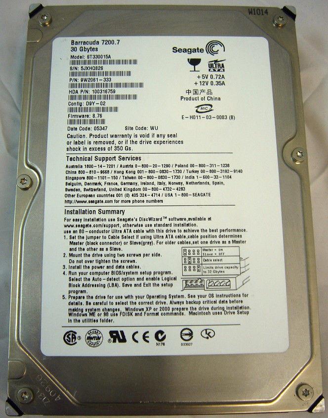 Seagate Barracuda 30GB IDE HDD (Model:ST330015A PartNo:9W2061-333) - Label