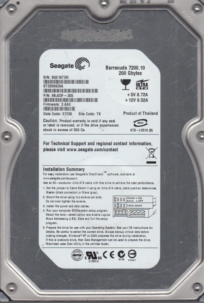 Seagate Barracuda 200GB 7200rpm IDE 3.5in HDD ( 9BJ03F-305 ST3200820A ) ASIS