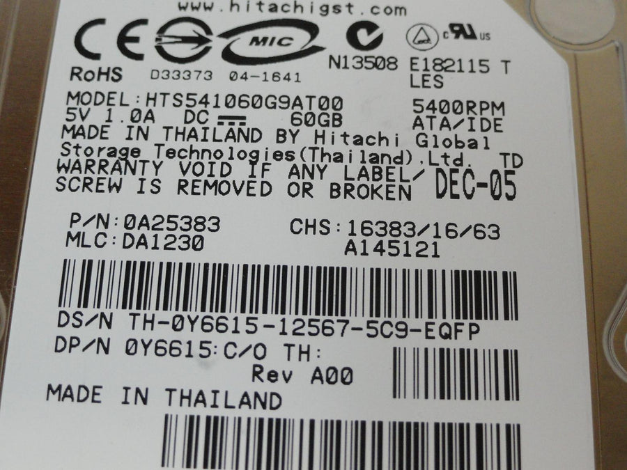 Hitachi Dell 60Gb IDE 5400rpm 2.5in HDD ( 0A25383 HTS541060G9AT00 0Y6615 ) ASIS