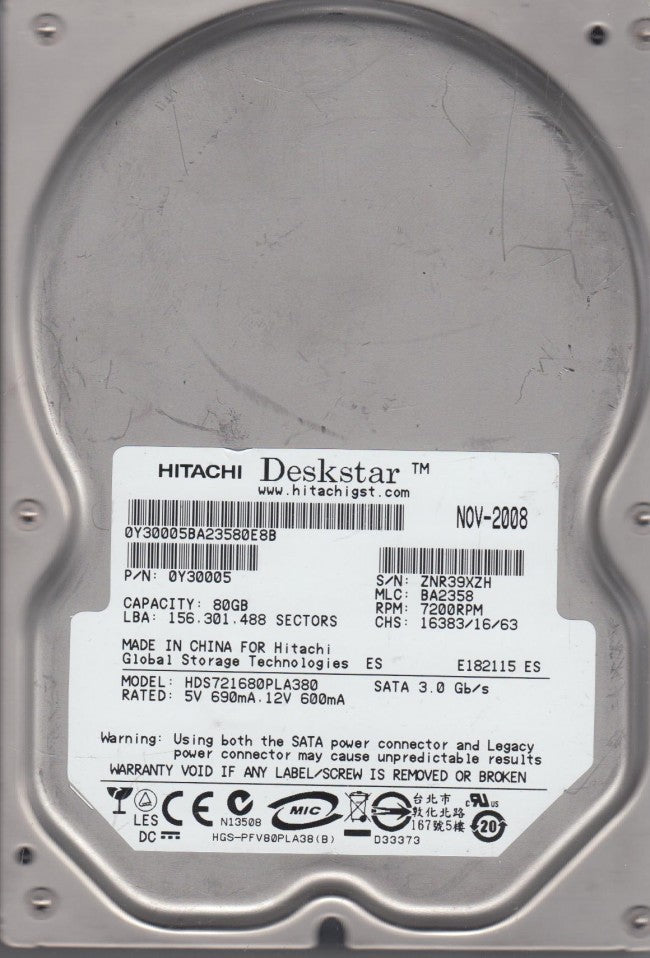 Hitachi 80GB SATA 7200rpm 3.5in HDD ( 0Y30005 HDS721680PLA380 ) REF