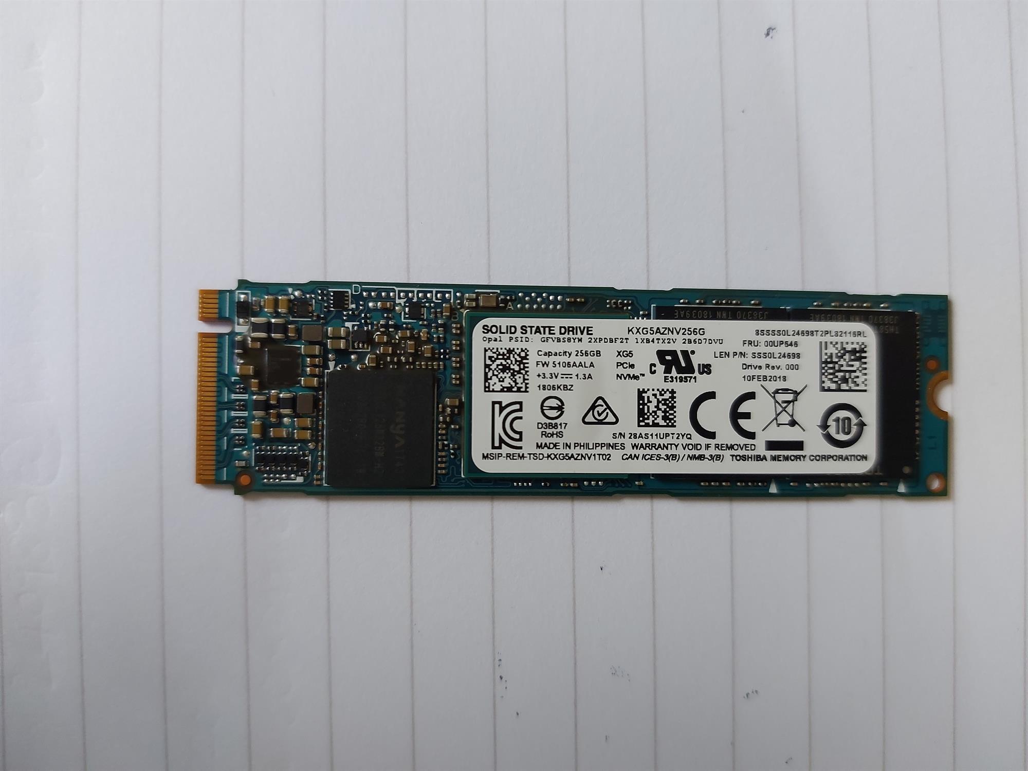 Toshiba/Lenovo 256GB M.2 PCIe NVMe 2280 MLC 3D-Nand Internal SSD (KXG5AZNV256G SSS0L24698 00UP646)