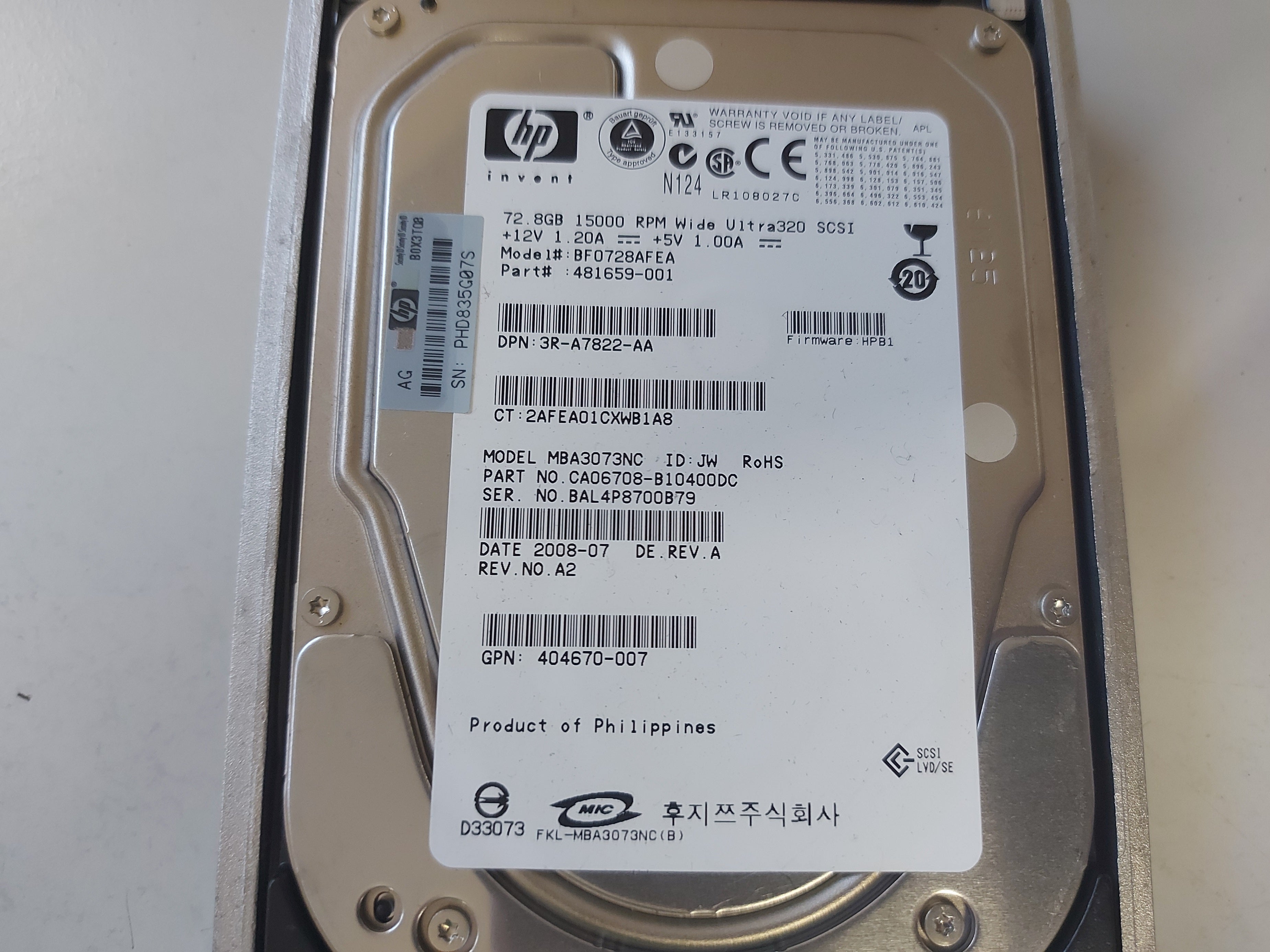 HP Fujitsu 72.8GB 15Krpm 80-Pin Ultra-320 SCSI 3.5" HDD in Caddy ( BF0728AFEA 481659-001 3R-A7822-AA MBA3073NC CA06708-B10400DC 404670-007 404713-001 ) REF