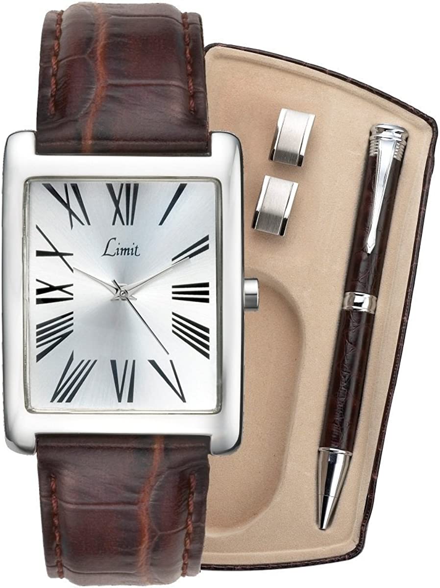Limit Silver Dial Brown Leather Strap Watch with Matching Pen & Silver Cuff Links 5286G