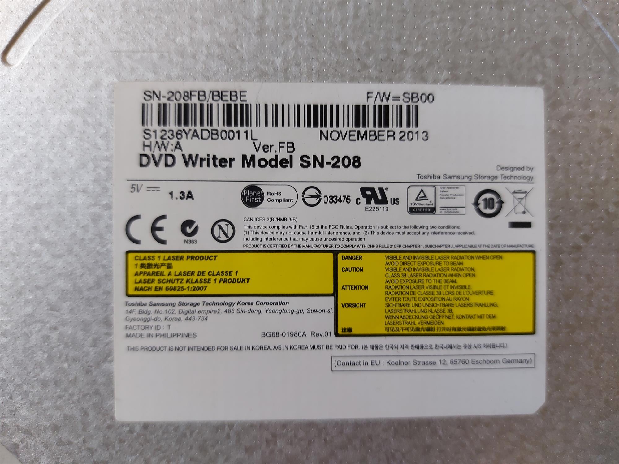 SAMSUNG 8X 12.7MM SLIM SATA INTERNAL DVDRW Drive (SN-208FB/BEBE)